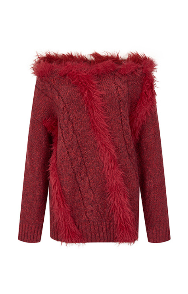 FUZZY TEMPTATION OFF-SHOULDER KNIT TOP IN  CRIMSON HEAT