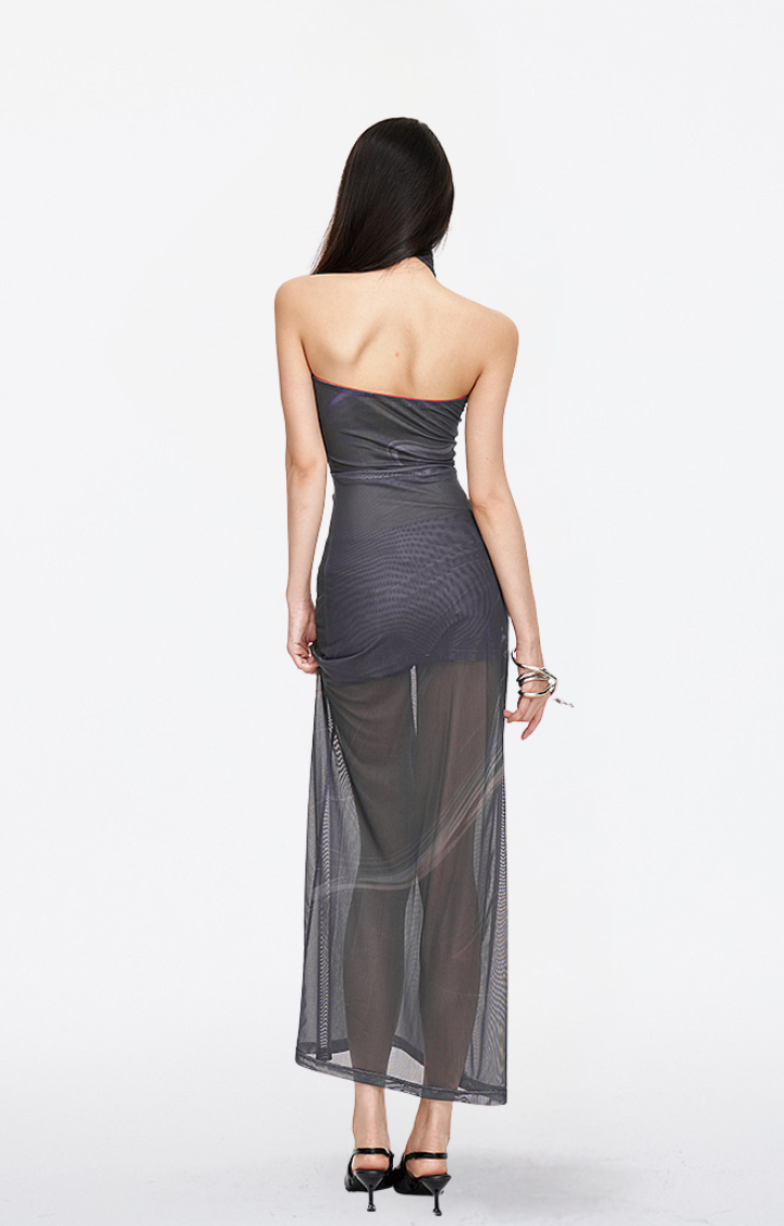 ART MESH SHEER HALTER DRESS IN GRAPHITE MIRAGE