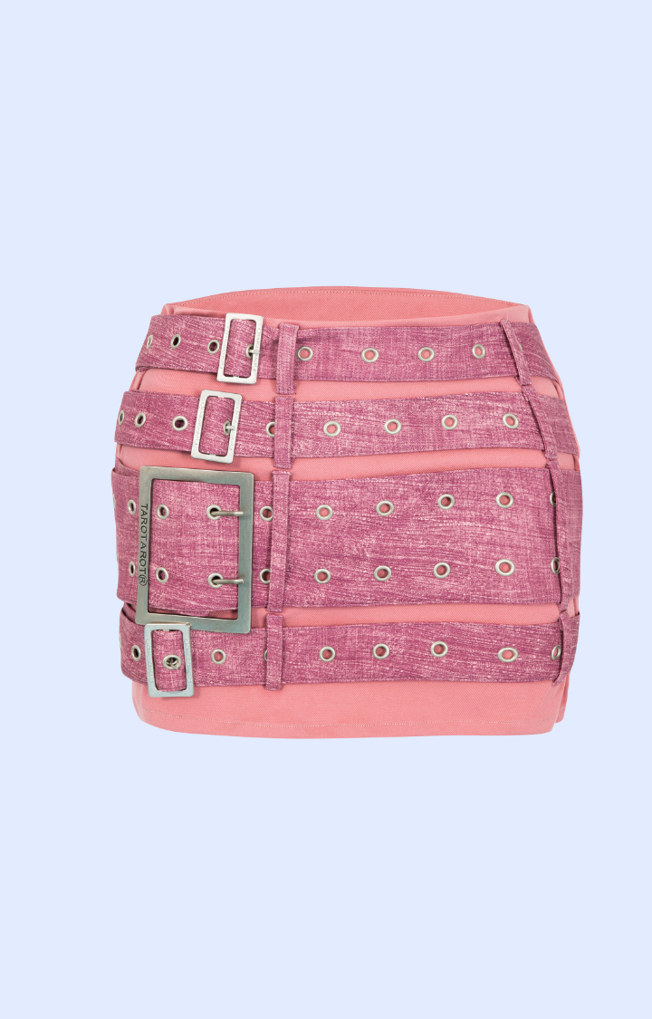 TRUE LOVE SUCKS TRIPLE BUCKLE PUNK MINI SKIRT IN REBEL PINK ROSE