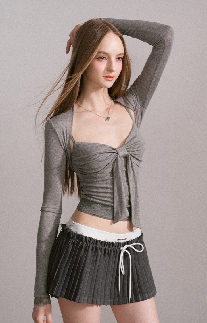 BOW RUCHED CAMI SET IN MOONSTONE GREY(2 PIECE)