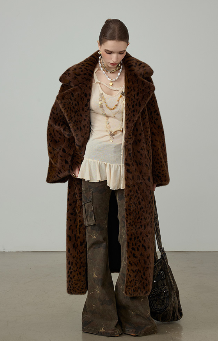 WILD GRACE LEOPARD FAUX FUR MAXI COAT IN BROWN LEOPARD