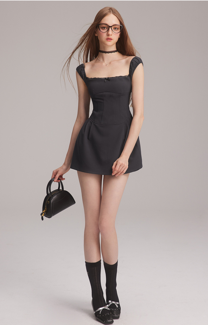 BRAT BABE POP-SQUARE MINI DRESS IN NIGHTFALL GRAY