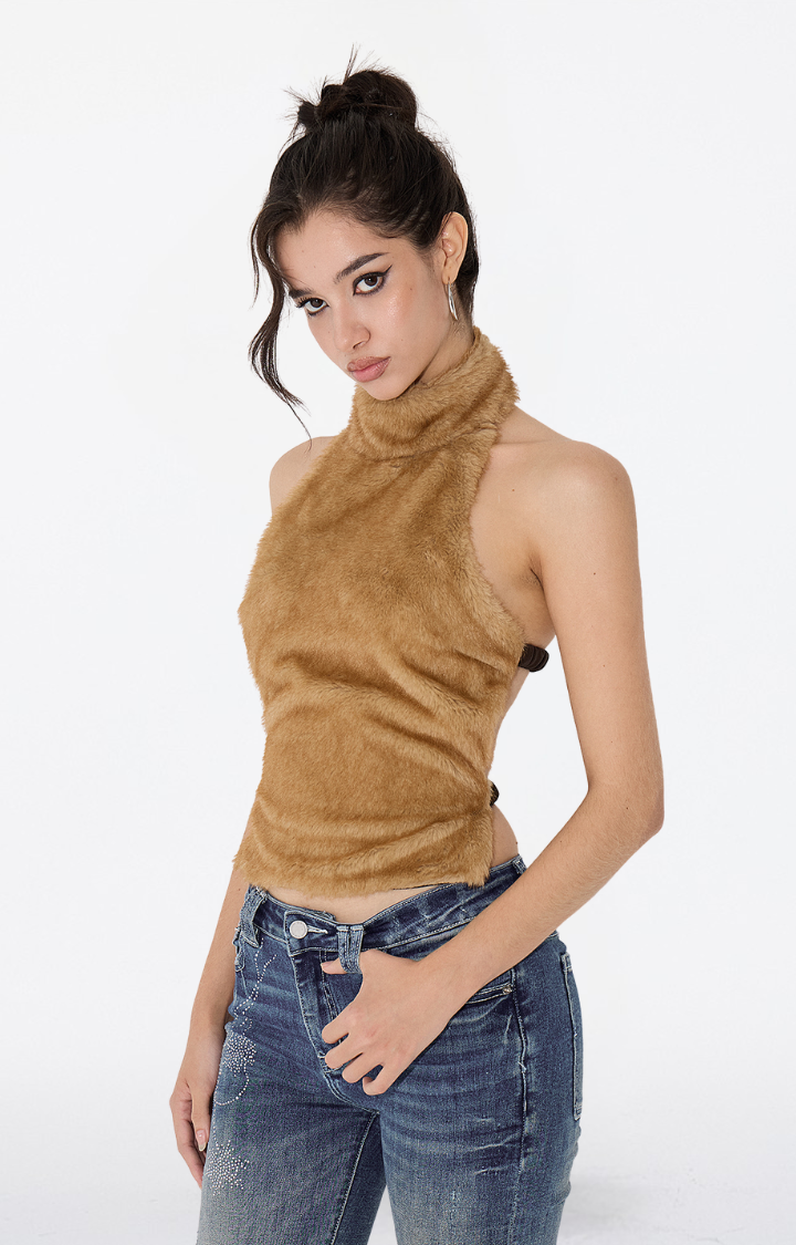 CARAMEL SMOKE FUZZY BACKLESS HALTER TOP