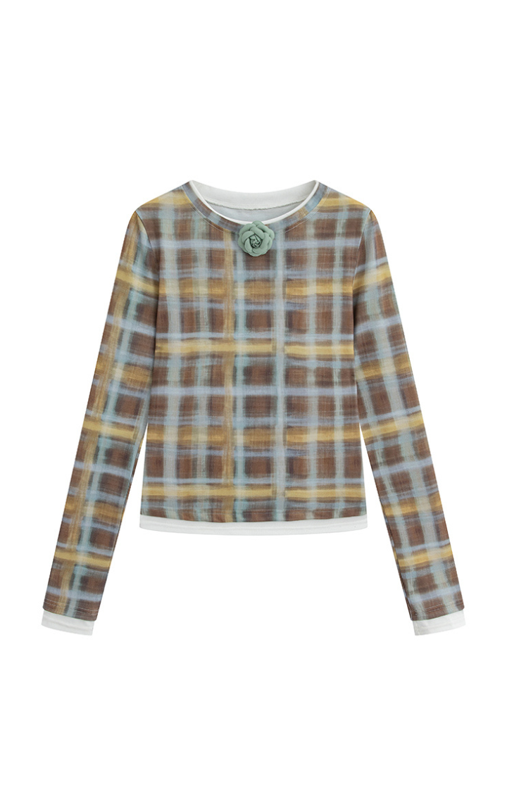 PRINTED FAUX-LAYER LONGSLEEVE TOP IN HONEY-MAPLE CHECK