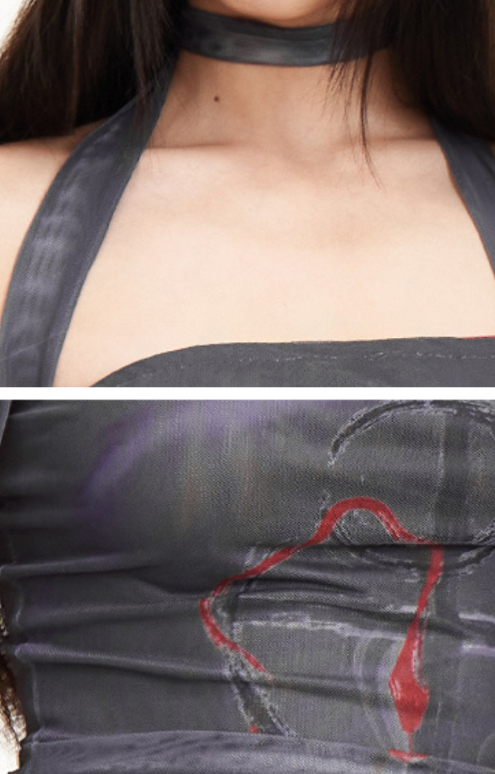 ART MESH SHEER HALTER DRESS IN GRAPHITE MIRAGE