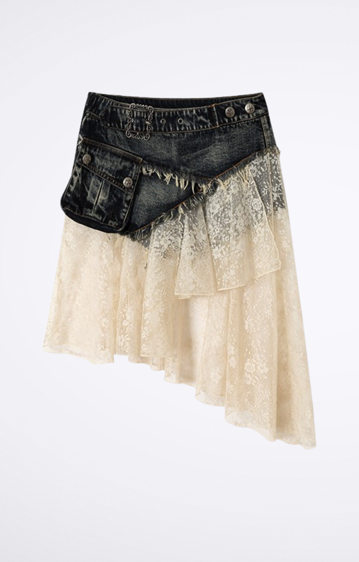 PATCHWORK LACE DISTRESSED DENIM SKIRT-PANTS IN DISTRESSED BLUE