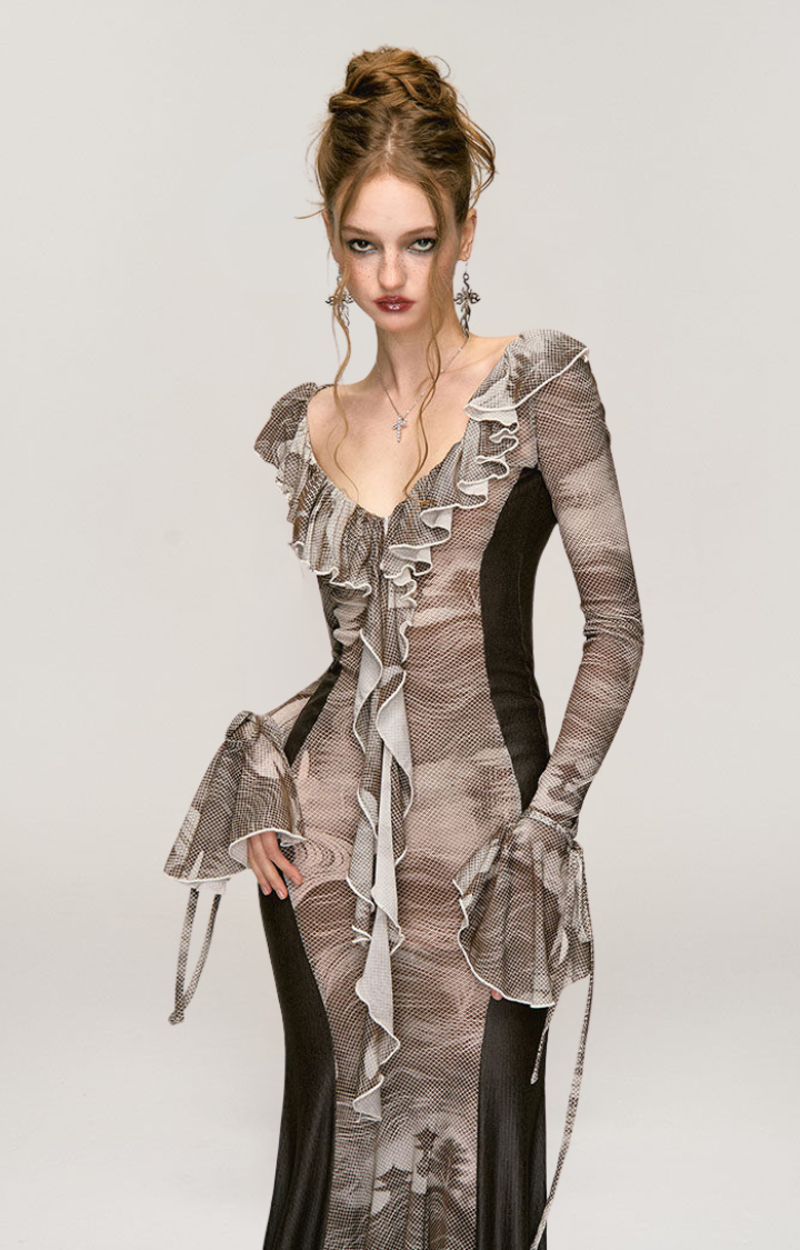 VENOM VEIL RUFFLE MAXI DRESS