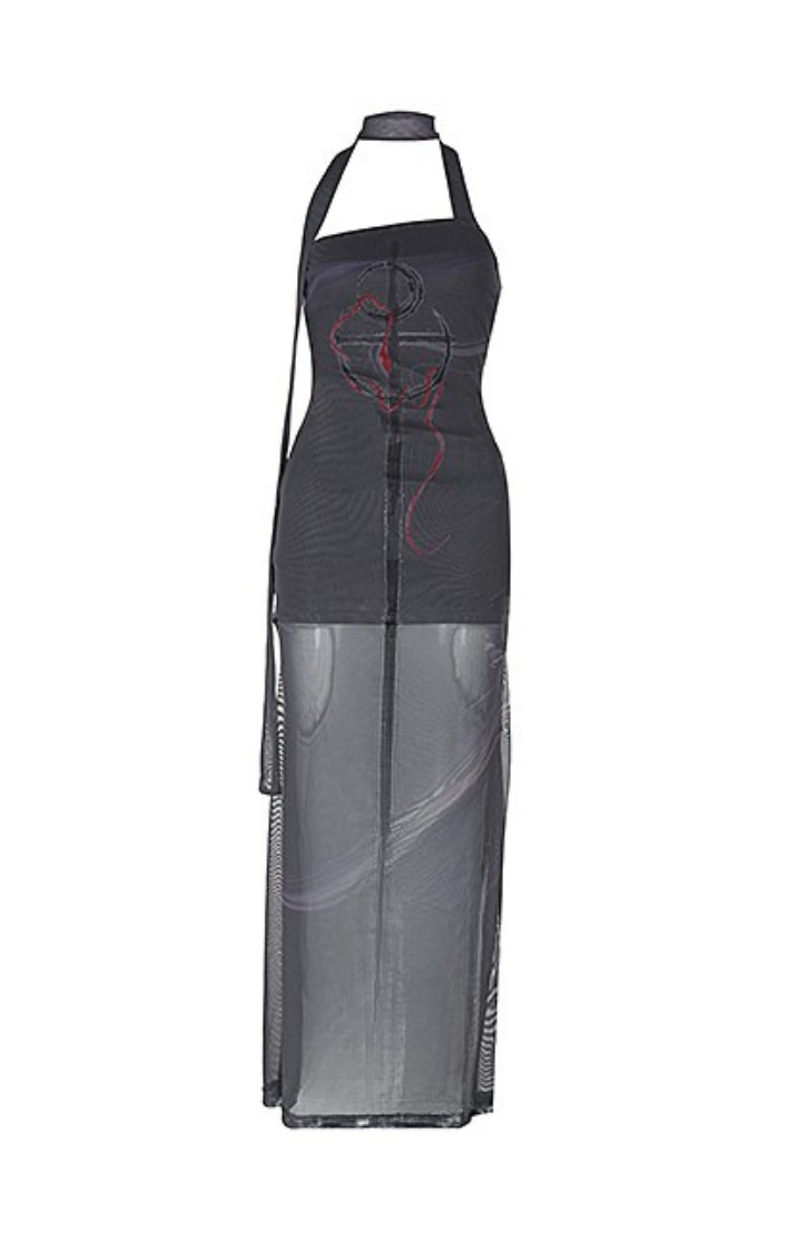 ART MESH SHEER HALTER DRESS IN GRAPHITE MIRAGE