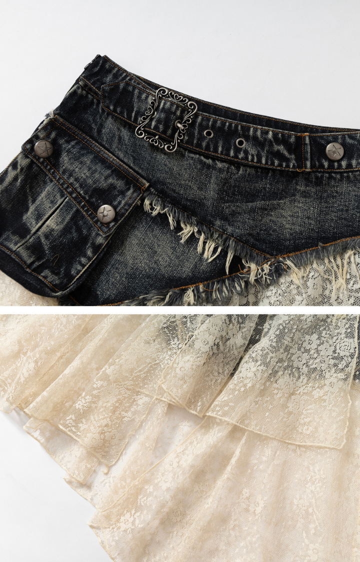 PATCHWORK LACE DISTRESSED DENIM SKIRT-PANTS IN DISTRESSED BLUE