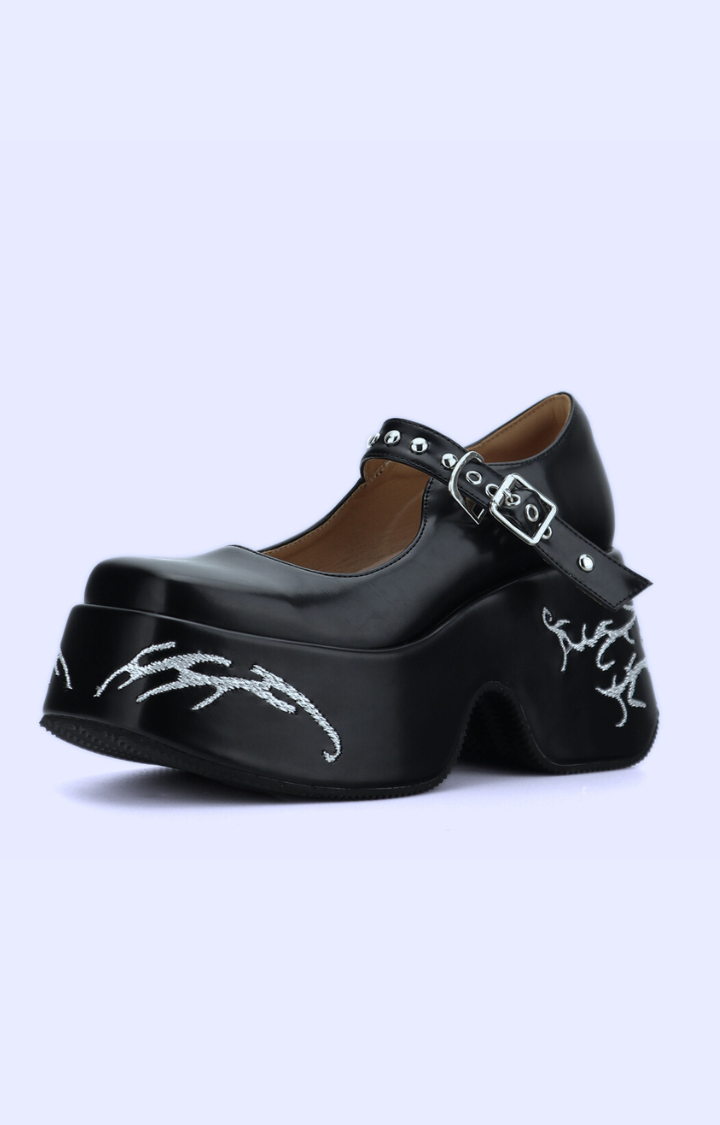 FLAME-STITCHED MARY JANES – INK COWHIDE