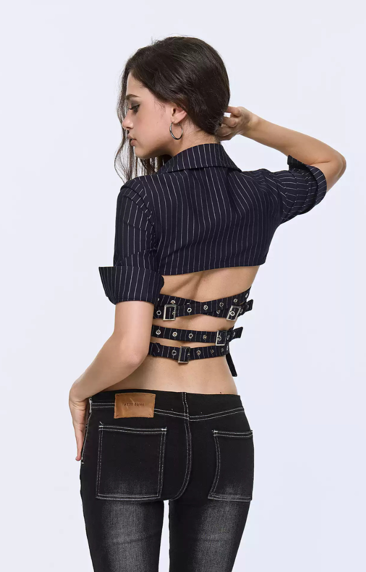 PINSTRIPE ALIBI BACKLESS TOP