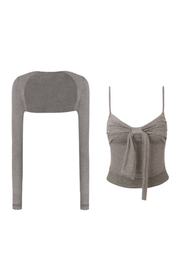 BOW RUCHED CAMI SET IN MOONSTONE GREY(2 PIECE)