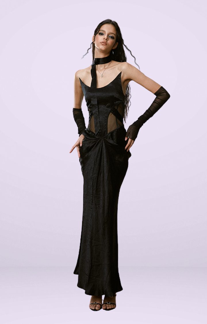 TWILIGHT VEINS MESH-CUT MAXI DRESS IN BLACK WIDOW NIGHT