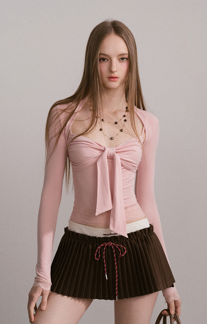 BOW RUCHED CAMI SET IN BABY BLUSH PINK (2 PIECE)