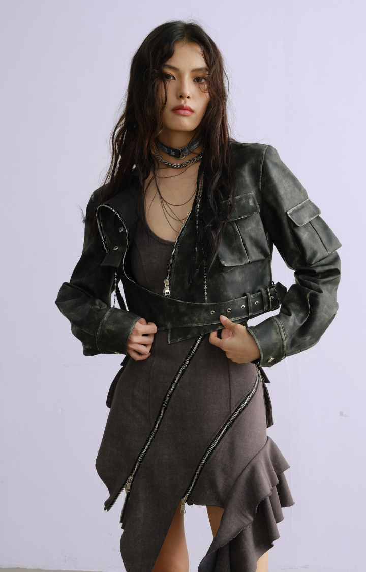REBEL ECLIPSE CROPPED MOTO JACKET  FADED GREEN