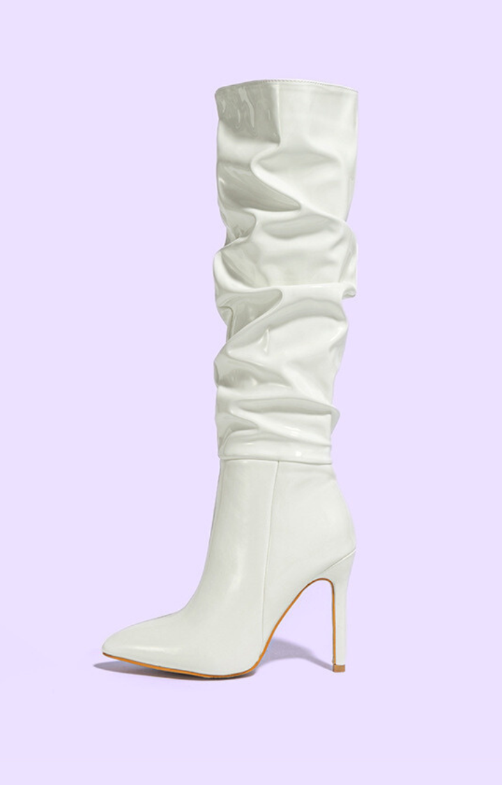 RIOT PATENT RUCHED KNEE-HIGH BOOTS IN ANGEL MILK