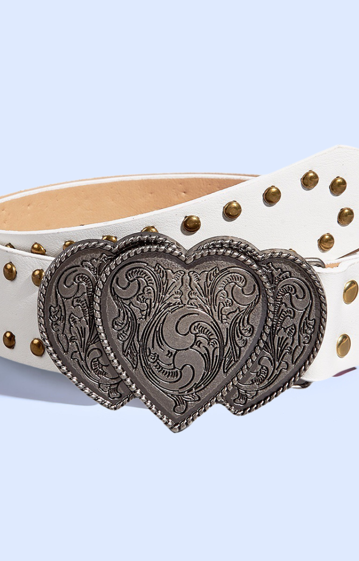 TRIPLE HEART STUDDED BELT - ICE QUEEN WHITE