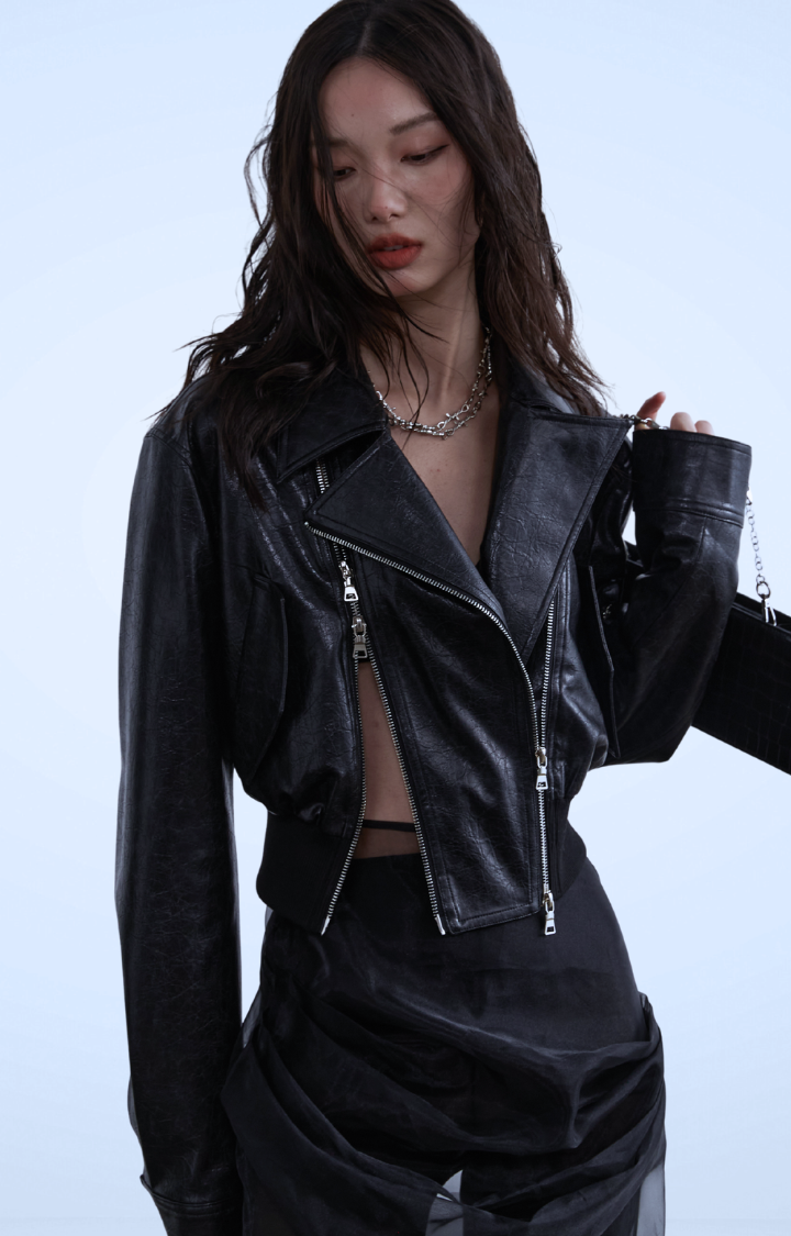 DECONSTRUCTED ZIPPER DETAIL PU LEATHER MOTO JACKET