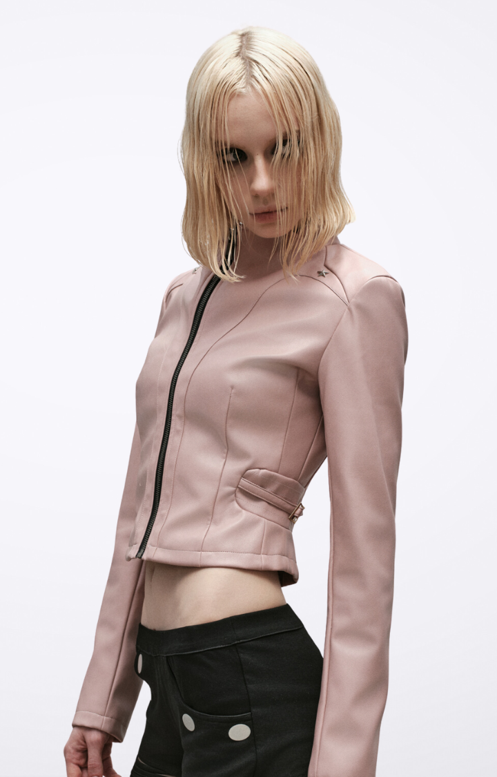 RIOT CANDY CROPPED MOTO JACKET IN BLUSH PINK