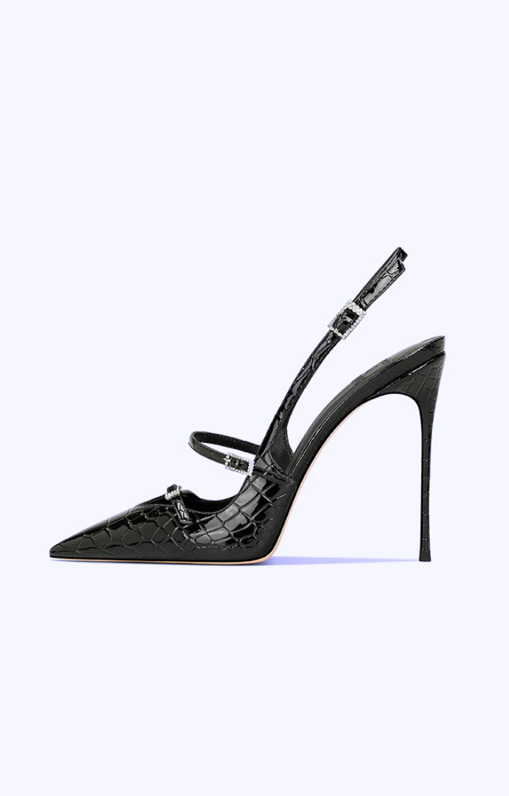 BLACK CROC PATENT STILETTO SLINGBACKS