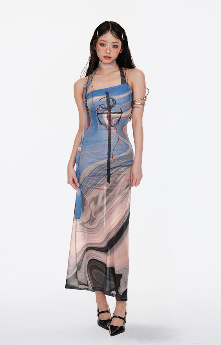ART MESH SHEER HALTER DRESS IN IRIDESCENT DRIFT