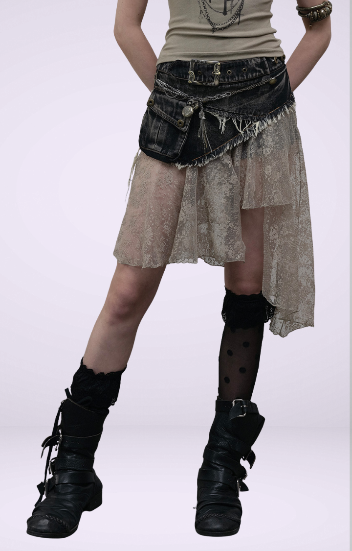 PATCHWORK LACE DISTRESSED DENIM SKIRT-PANTS IN WASHED BLACK