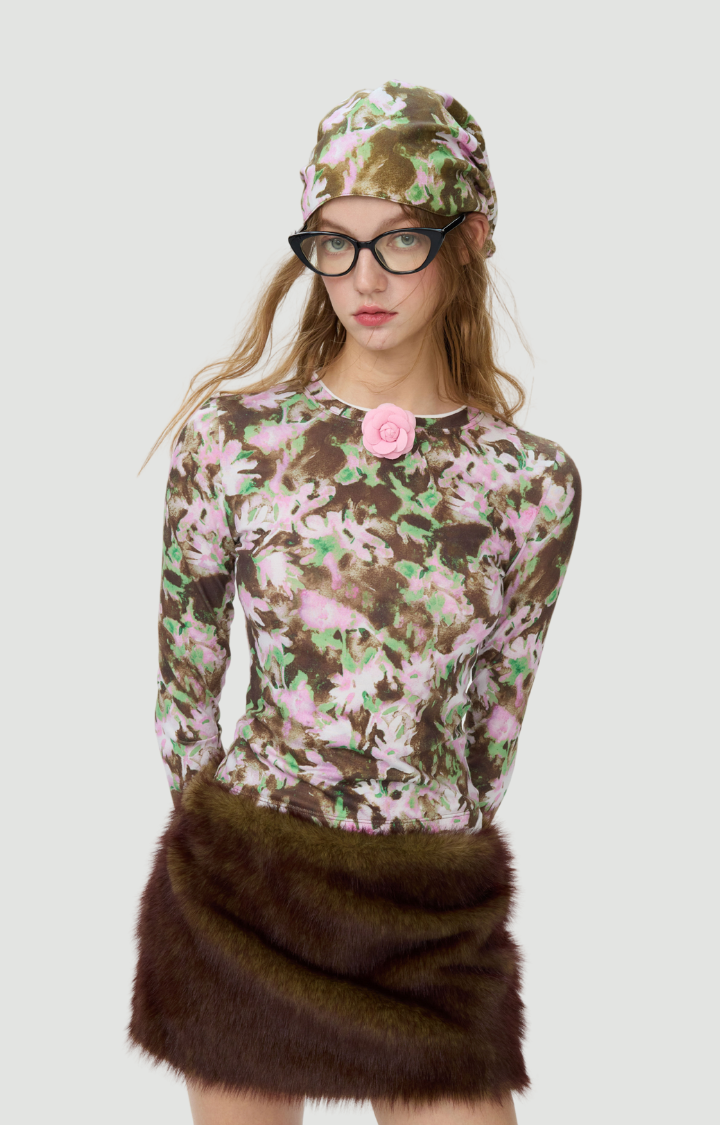 PRINTED FAUX-LAYER LONGSLEEVE TOP IN NCHANTED ROSE GARDEN