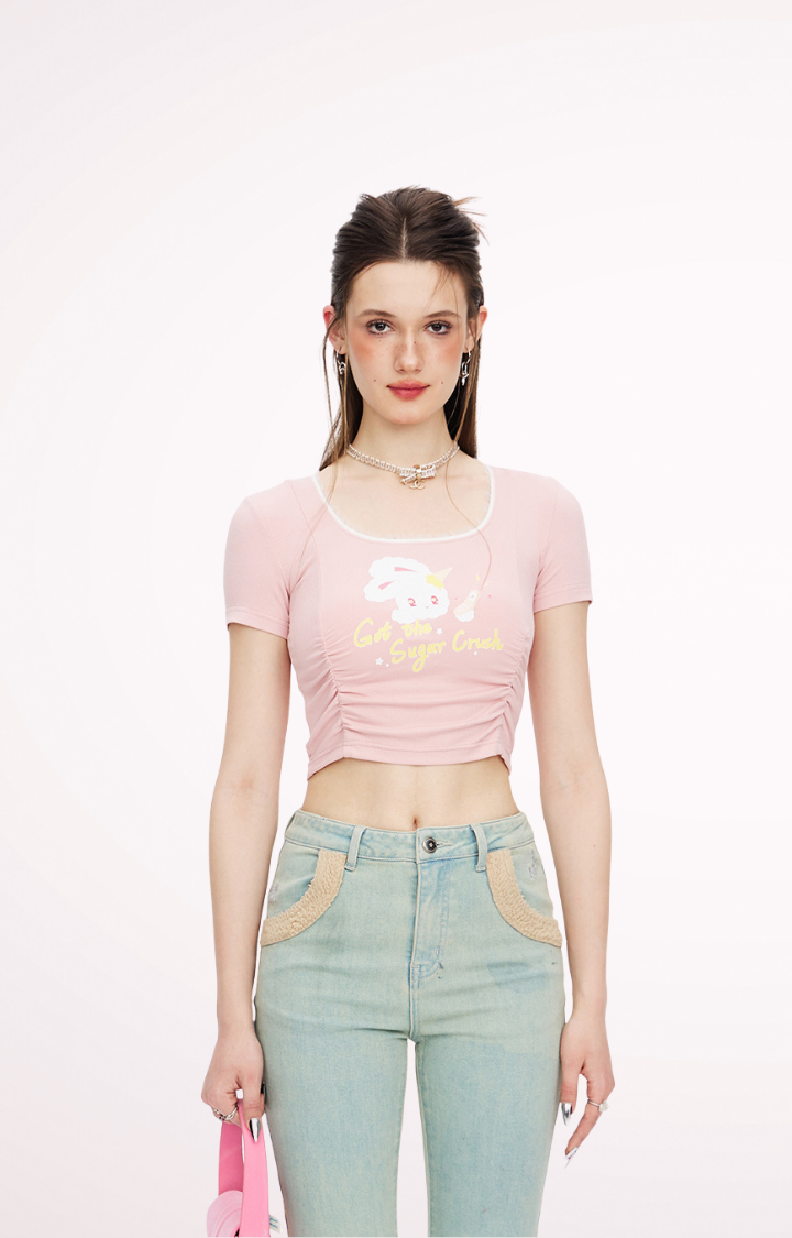 SUGAR CRUSH BUNNY CROPPED TEE  BABY PINK / CREAMY WHITE