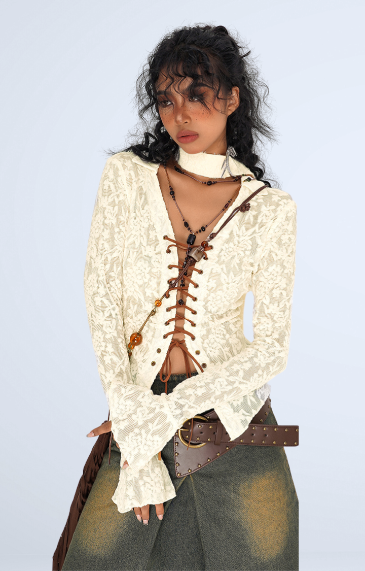VELVET RUIN LACE-UP GOTHIC BLOUSE IN OFF-WHITE