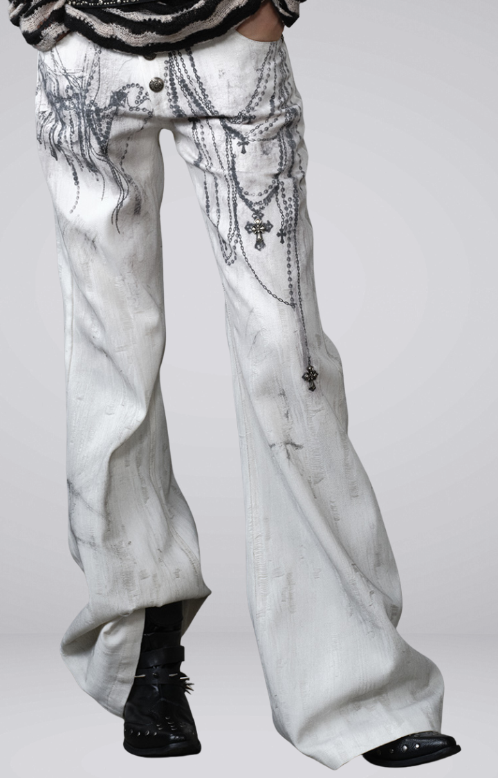 CHAIN GRAFFITI FLARED WIDE-LEG JEANS IN DIRTY WHITE