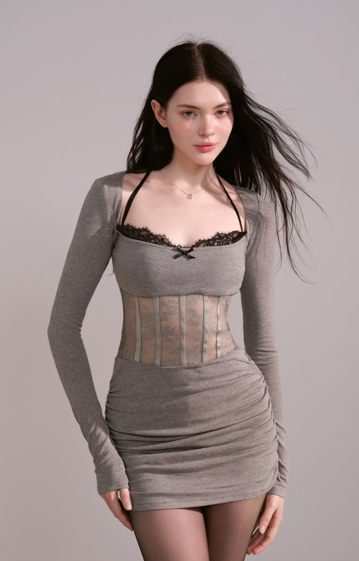 SULTRY CORSET-WAIST LACE TRIM MINI DRESS