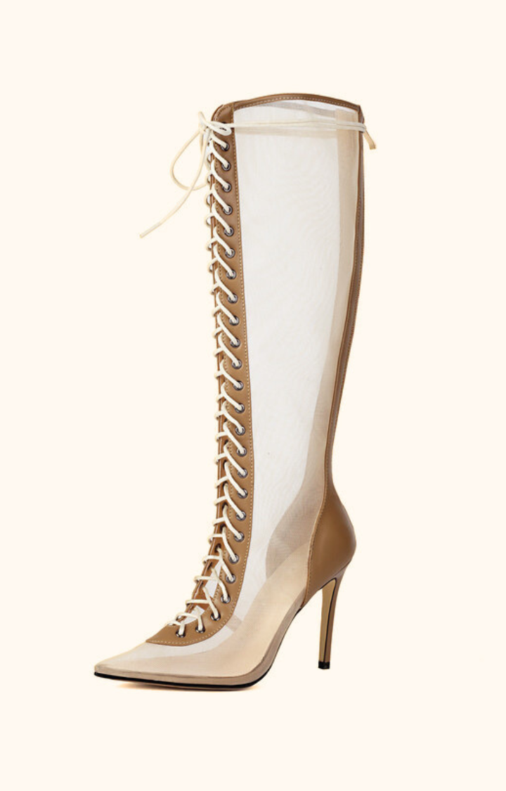 SHEER TEMPTATION MESH LACE-UP STILETTO BOOTS IN CHAMPAGNE VEIL