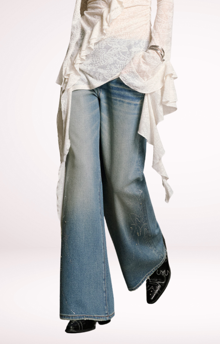STARDUST RHINESTONE HIGH-WAIST WIDE LEG JEANS IN LIGHT WASH