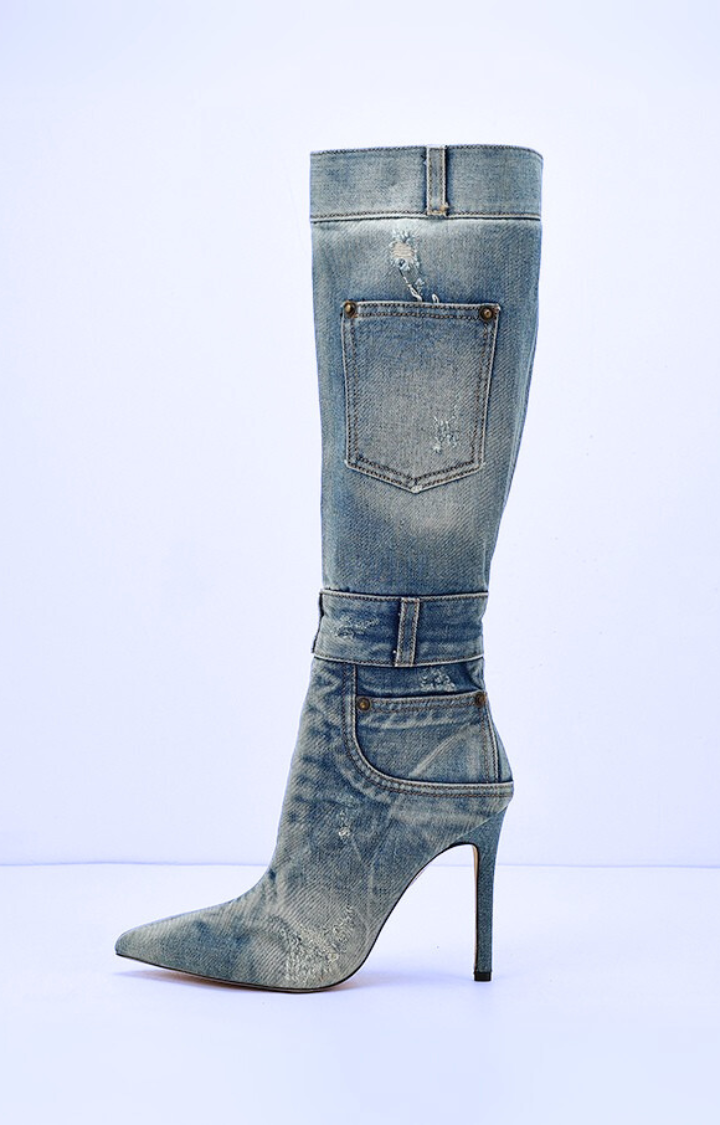 BLEACHED VENOM WASHED DENIM KNEE BOOTS