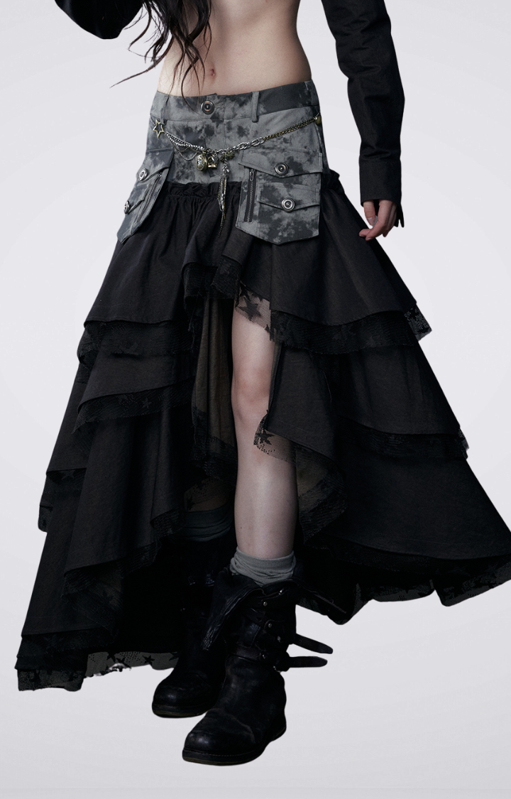 SPLICED CARGO CAKE SKIRT IN DENIM BLACK & ARMY GREEN