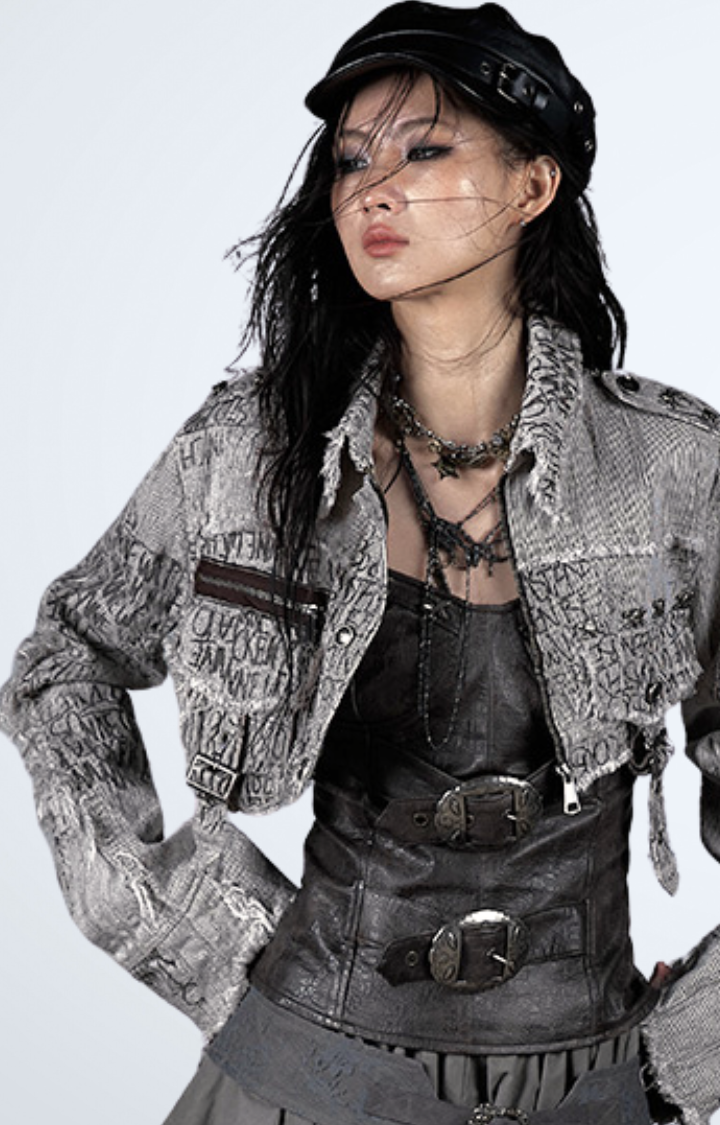 ASH GREY STRIPED RAW EDGE CROPPED JACKET