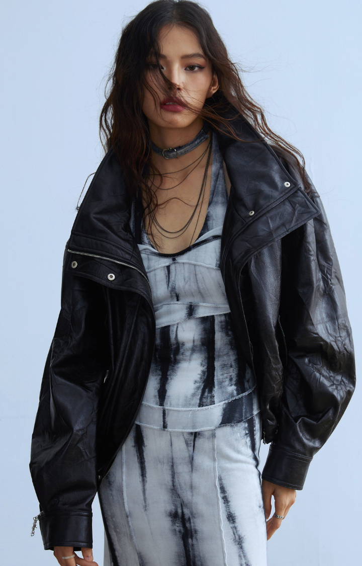 SIBERIAN CHIC DETACHABLE FAUX FUR COLLAR LEATHER JACKET