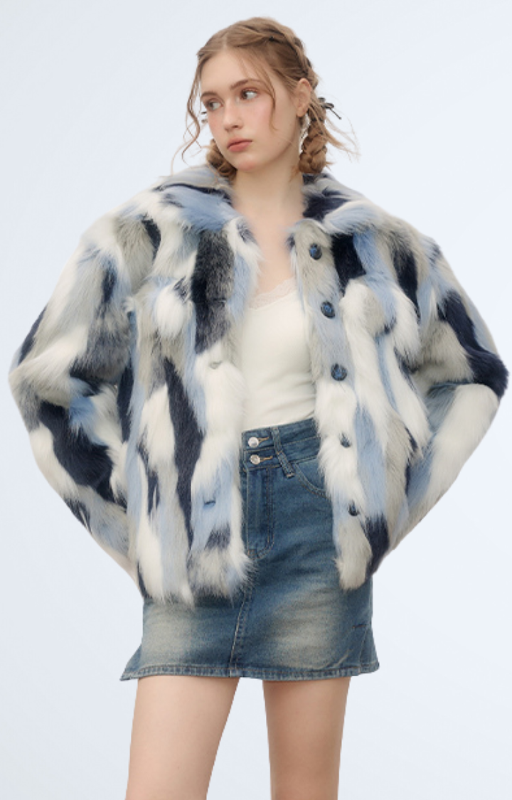FROSTBITE MIRAGE FAUX FUR JACKET IN WHITE BLUE STORM