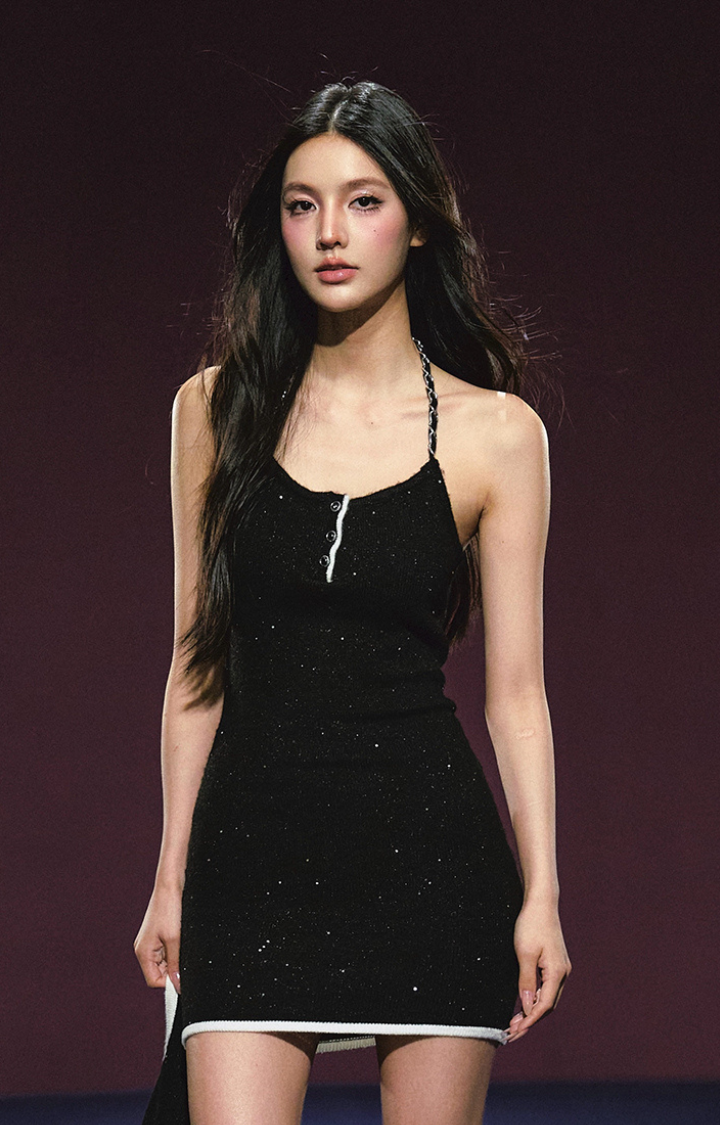 GALAXY TWEED GLITTER HALTER MINI DRESS