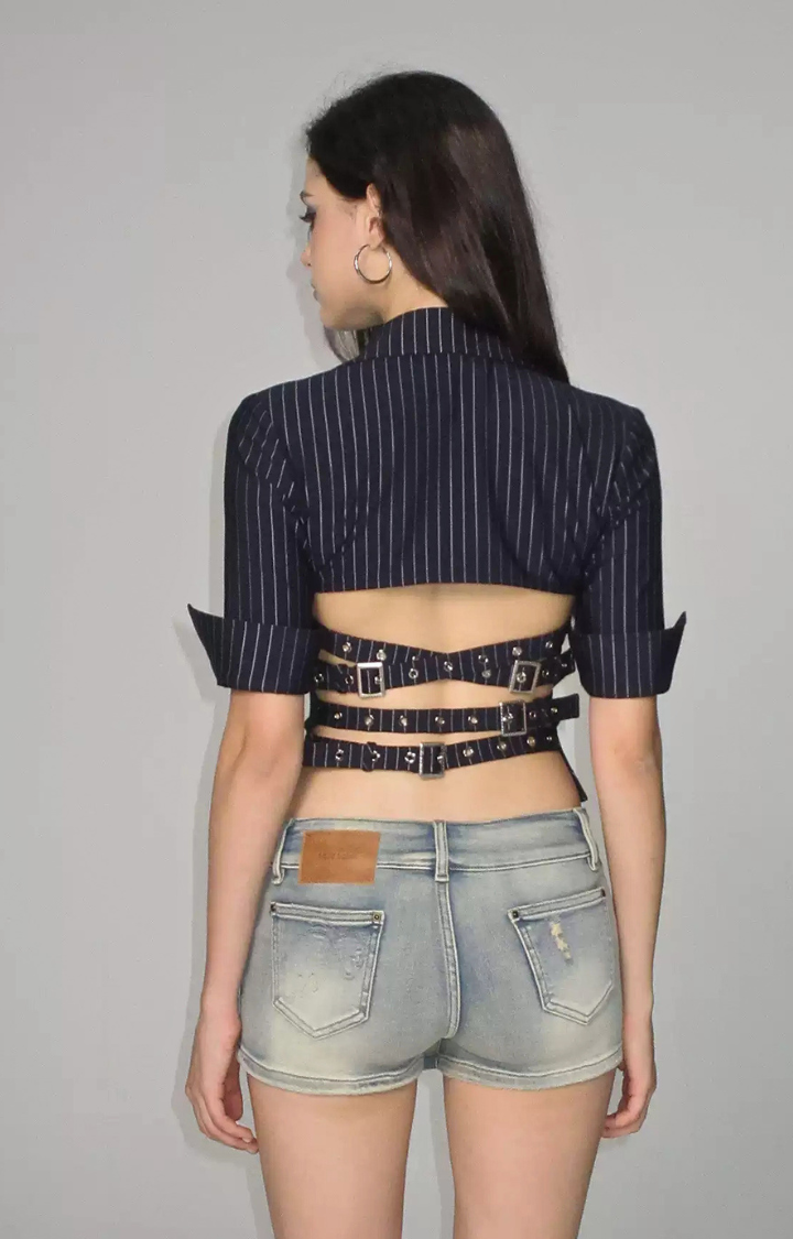 PINSTRIPE ALIBI BACKLESS TOP