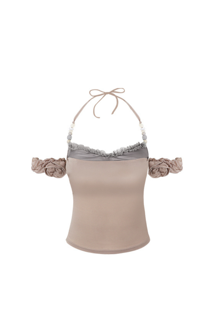 FROST LACE MIRAGE HALTER TOP IN SOFT LATTE GLOW