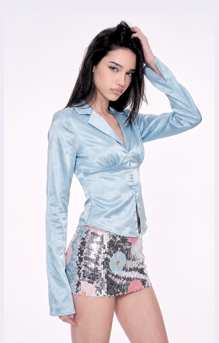 BLUE STATIC WAIST-TIED SHIRT TOP