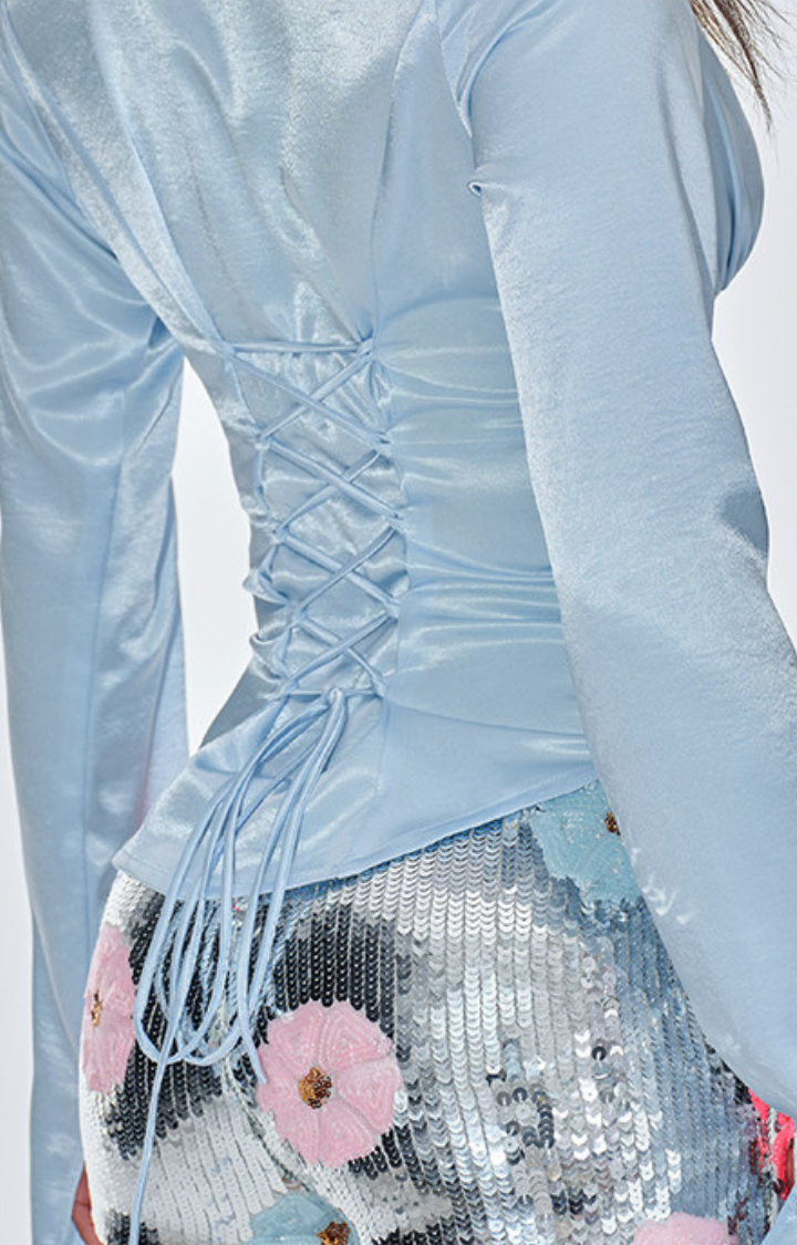 BLUE STATIC WAIST-TIED SHIRT TOP