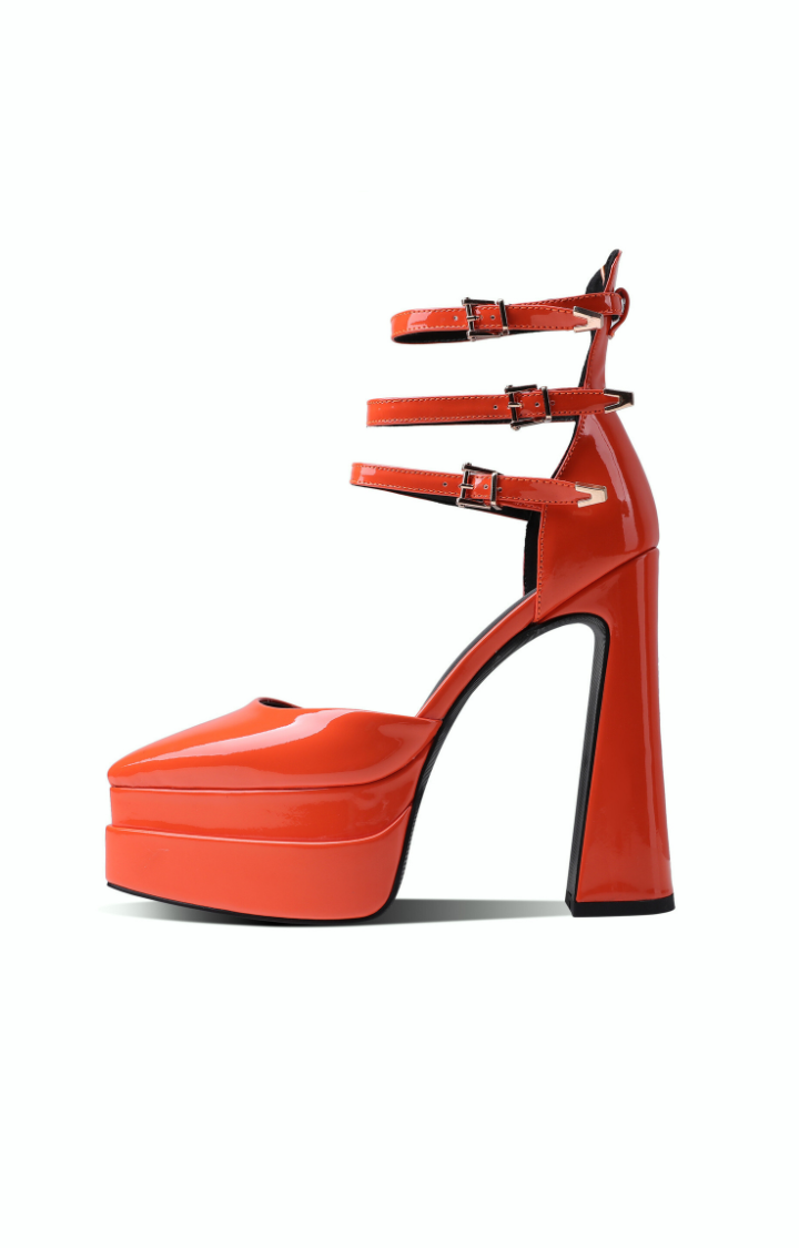 RIOT PATENT TRIPLE-STRAP PLATFORMS - HEATWAVE TANGERINE