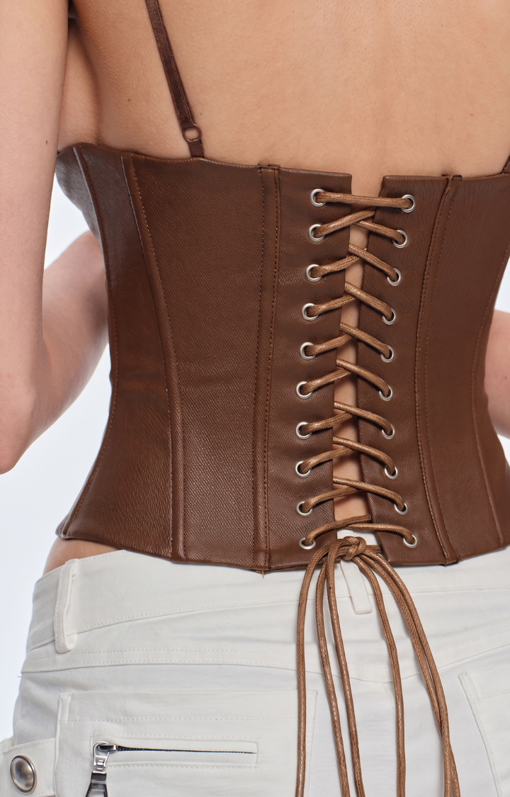 BAD ALIBI RIVET CORSET TOP IN BROWN STATIC