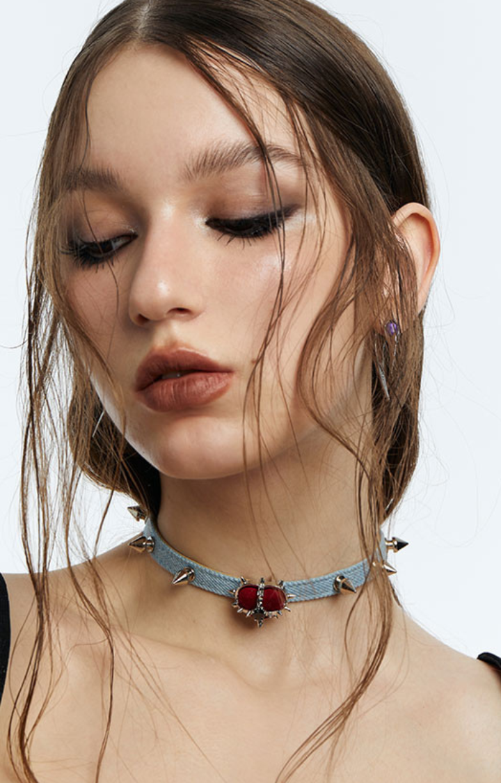 RIVET RED GEM DENIM CHOKER