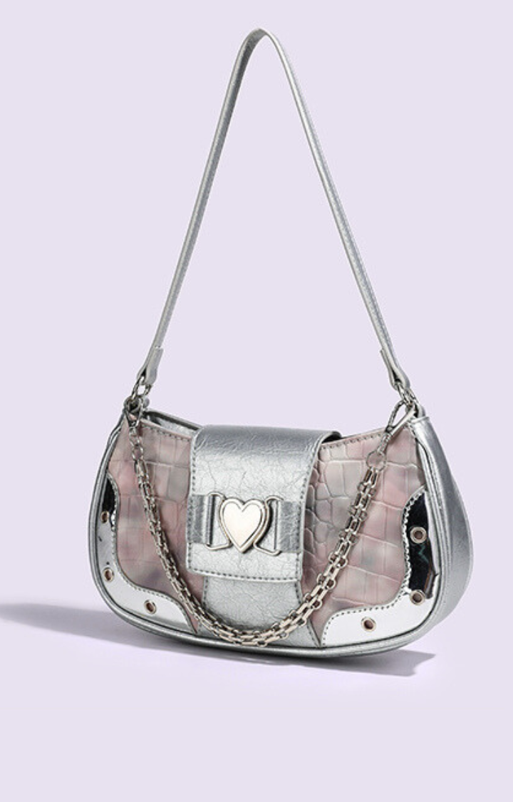 HEART LOCK CHAIN SHOULDER BAG - MISTY BLUSH