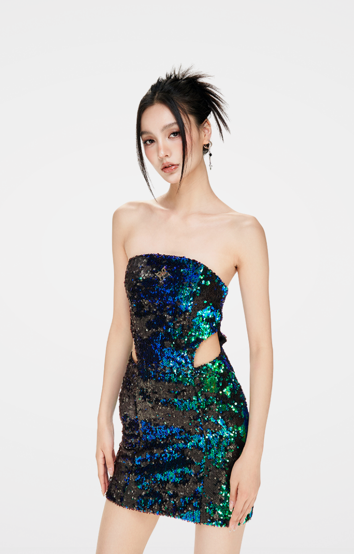 VENOM SIREN SEQUIN CUTOUT DRESS