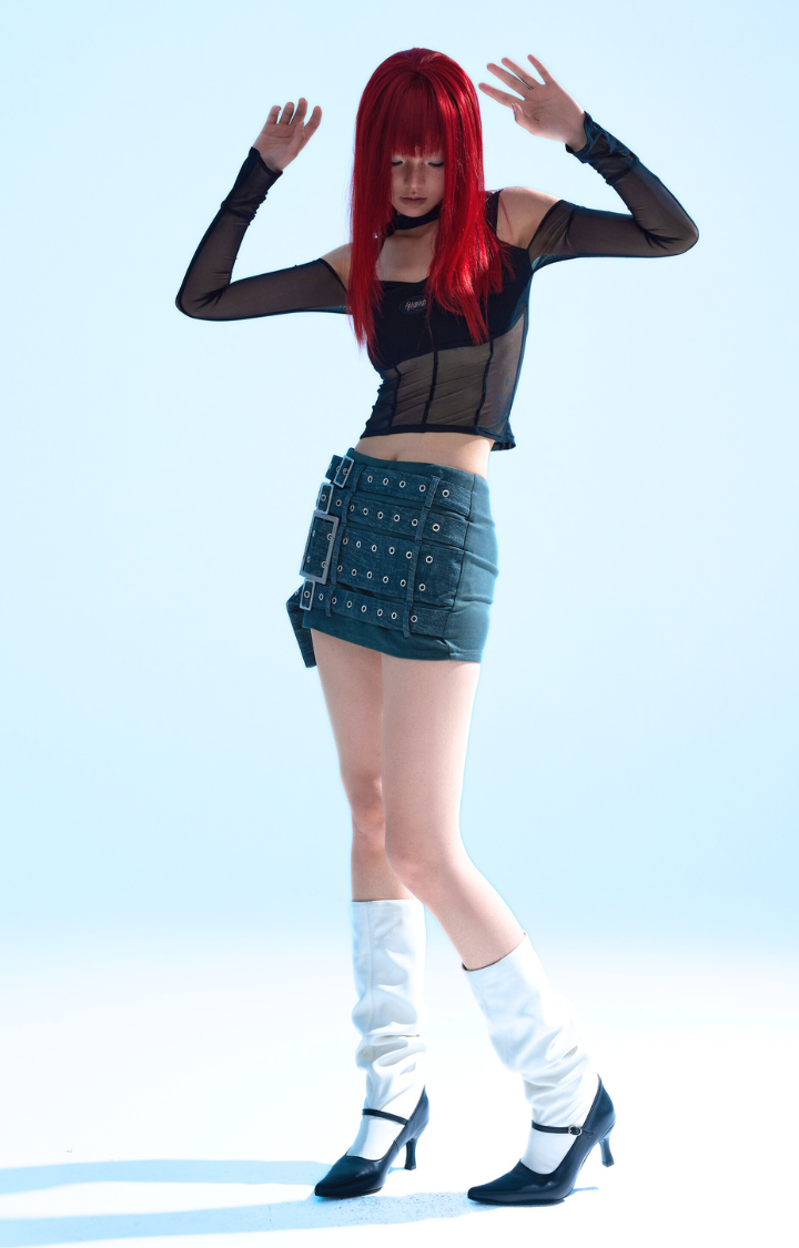 TRUE LOVE SUCKS  TRIPLE BUCKLE PUNK MINI SKIRT IN DEEP ASH CHARCOAL