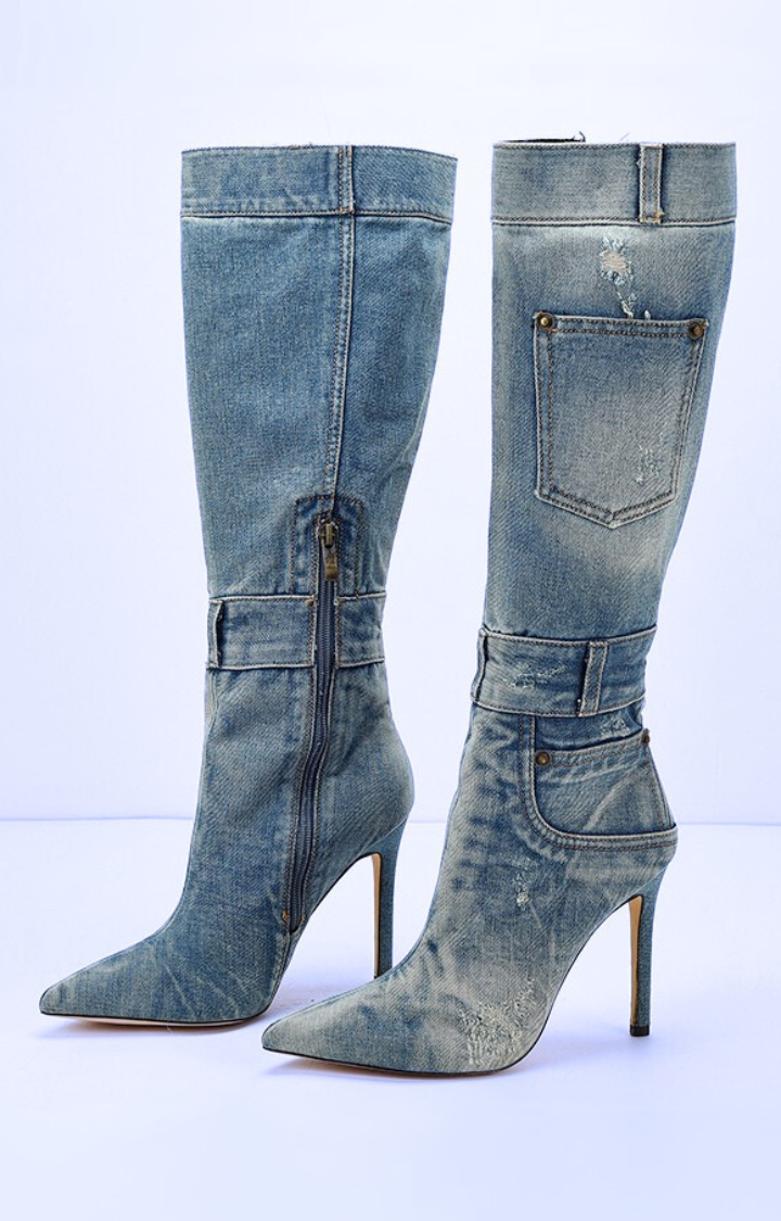BLEACHED VENOM WASHED DENIM KNEE BOOTS